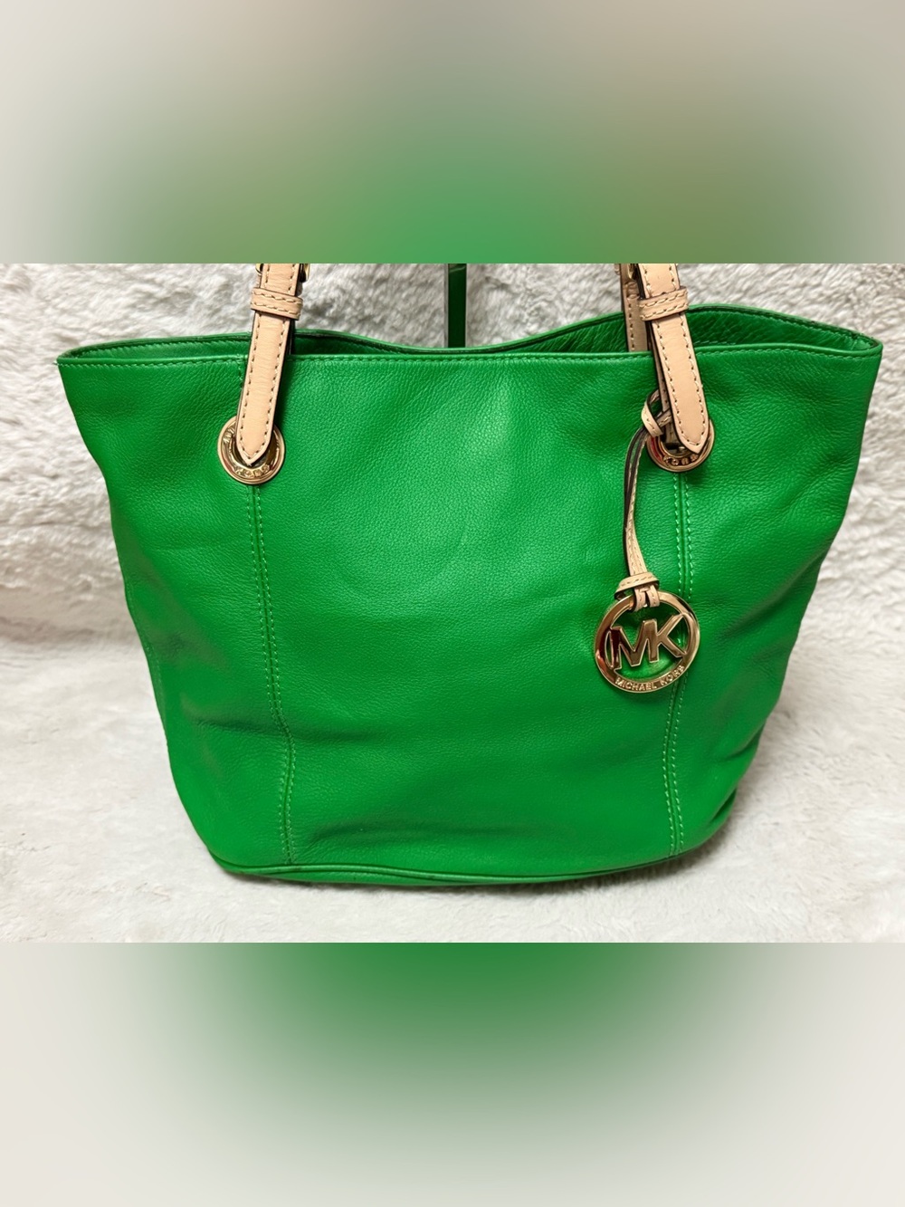 Michael Kors Palm Green Leather Tote Bag with Gold MK Charm